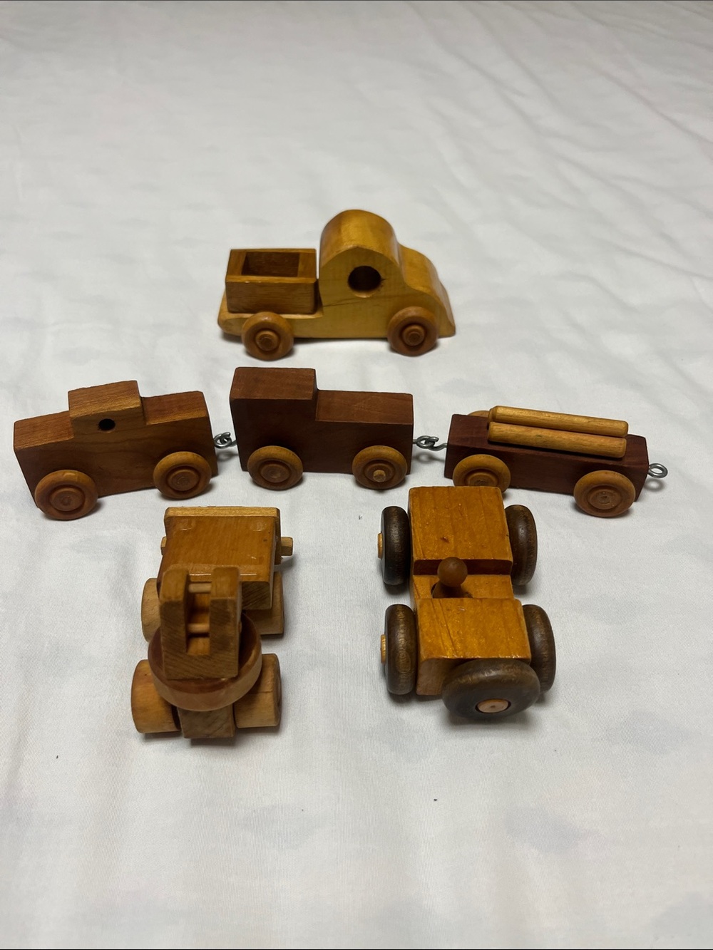 Vintage Wooden Train and Cars. Circa 1950s - 1960s Lot of Six